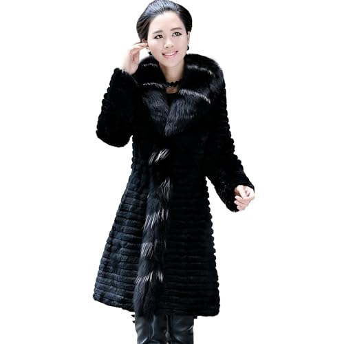 Fur Story Women's Long Real Rabbit Fur Coat with Fox Fur Placket