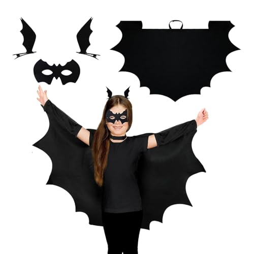 JSRHEEM Halloween Fledermaus Kostüm für Kinder – Fledermaus Cape + Maske + Haarklammer –Perfekt für Halloween Gruselparty, Fasching, Rollenspiel(XXL)