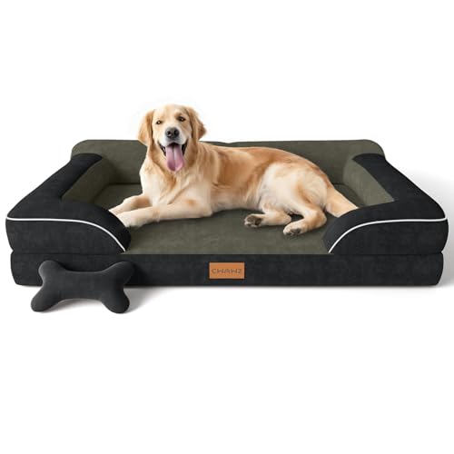 Image of CWAWZ Extra Large Dog Bed, Orthopedic Dog Bed with Cooling Gel Memory Foam, Waterproof XL Pet Bed with Removable Washable Cover, 42 inch Pet Sofa Couch Dutch Velvet with Bone Toy, Black