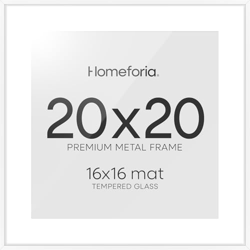 Image of Homeforia 20x20 Picture Frame White, High End Metal 20x20 Square Poster Frame Matted to 16x16 Print, 20 x 20 White Frames with Mat 16 x 16 Photo, 20by20 Thin Frames, Tempered Glass, Wall Kit, Set of 2