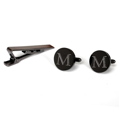 Mens Initial Cufflinks and Tie Clip A-Z Alphabet Letter Black Stainless Cuff Links Tie Bar with Engraved Walnut Wood Box Groom Groomsman Wedding Set2