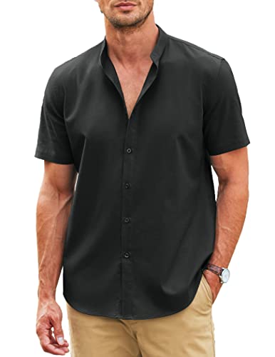 Coofandy Men's Linen Casual Summer Shirt Banded Collar Button Up Shirt Black #TOP11