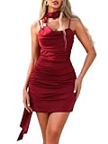 Kaei&Shi Going Out Dress with Scarf,Ruched Bodycon Mini Dresses for Women,Sexy Club Outfits Concert Homecoming Party Burgundy Large