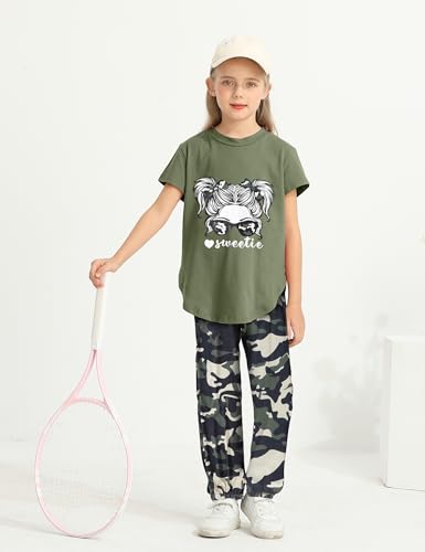 Image of Girls Outfits Short Sleeve Irregular Tops + Camouflage Long Legging Outfits 2PCs Summer Pant Sets 6-14T