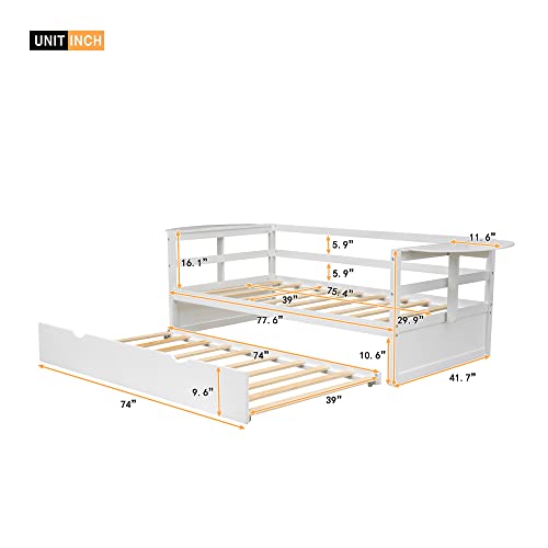 SPOFLYINN Modern Twin Size Daybed Bed Frames with Trundle, Solid Pinewood Bedframe with Foldable Shelves Safety Guardrail, Platform Bed, No Box Spring Needed, Slatted Support White As Shown One Size