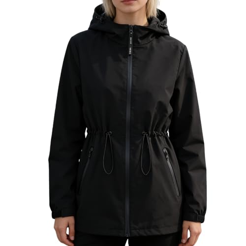 PUFFIT Chaqueta impermeable para mujer con capucha, chaqueta cortavientos ligera transpirable, chaqueta de ciclismo para mujer, chaqueta deportiva para exteriores, Negro , XL