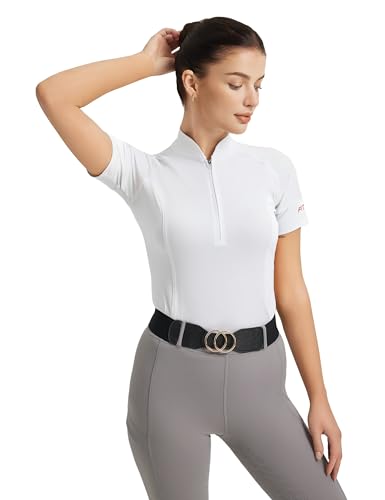 FitsT4 Sports Womens Short Sleeve Equestrian Shirts UPF50+ Horse Riding Shirts Breathable Rider Tops Half Zip White 2XL