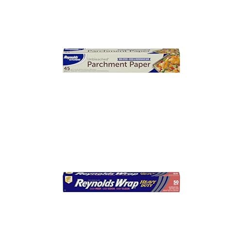 Bundle of Reynolds Kitchens Unbleached Parchment Paper Roll, 45 Feet x 12 Inches, 45 Total Sq. Ft. + Reynolds Wrap Heavy Duty Aluminum Foil Roll, 12 Inches Wide, 50 Sq. Ft.
