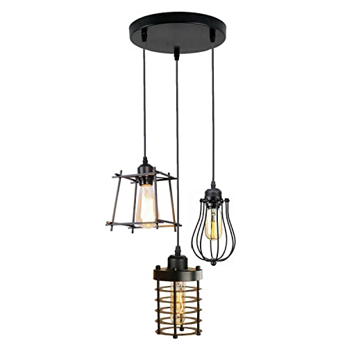 LEDSone Black Vintage Retro 3 Way Ceiling Pendant Lamp Cluster Light Fitting Black Wire Cage Lampshades, UK E27 Holder Lighting Kit