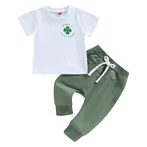 YOKJZJD Infant Toddler Baby Boy St. Patrick's Day Outfit Green Shamrock Short Sleeve T-Shirt Tops Pants Set Summer Clothes, White, 12-18 Months Cover