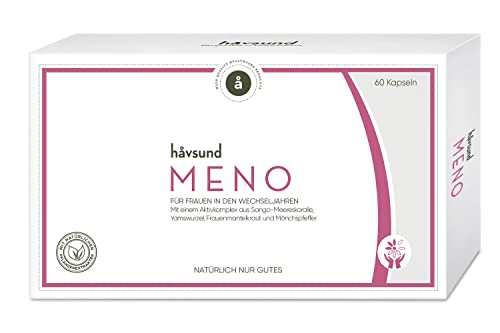 håvsund Meno - Wechseljahre Kapseln pflanzlich für Frauen - mit Mönchspfeffer, Yamswurzel, Sango-Meereskoralle, Frauenmantelkraut, Johanniskraut - Monatspackung 60 Kapseln - vegan Cover