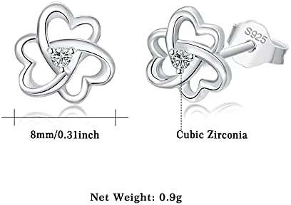 Clover Stud Earrings 925 Sterling Silver Three Leaf Clover Ear Studs Hypoallergenic Earring Cubic Zirconia Small Stud Earrings for Women Girls 8 mm