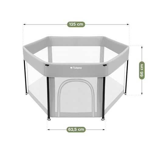 Tulano Cozy 30 Reise-Laufstall Baby faltbar 125x66 cm – Kompakter Kinderlaufstall mit Boden – Netzseiten – Reißverschluss-Tür – rutschfeste Füße – Tragetasche – Indoor & Outdoor – 6–36 Monate - Grau