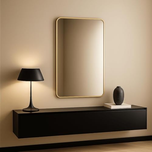 Image of The Artment your artistic apartment Streamline Rectangle Wall Mirror | HD Glass | Metal Frame | Wall-Mounted | Elegant Design for Bedroom, Bathroom, Hallway, Entryway | Gold (84 CM)