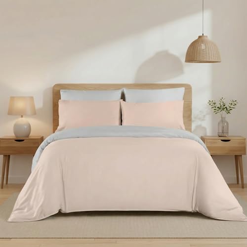 H HANSEL HOME Funda Nórdica Bicolor Cama 90 – 3 Piezas – 100% Microfibra Suave y Transpirable – Funda Edredón 150x220 cm, Bajera 90x200+30 cm, Funda Almohada 50x90 cm - Rosa - Gris Claro