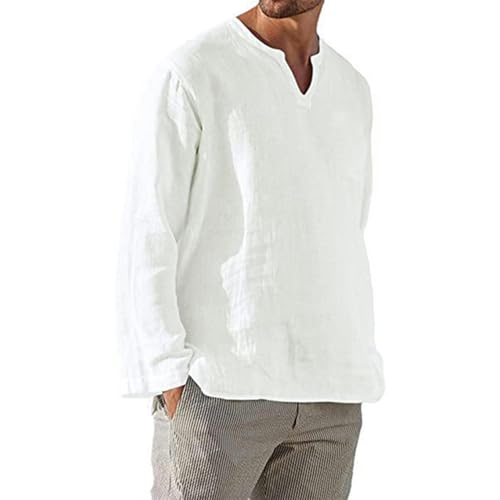 Chemise homme manches longues en lin blanc respirant et confortable 4XL