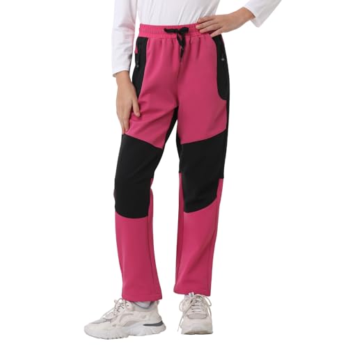BELEROY Kids Fleece Lined Snow Ski Pants Boys Girls Hiking Outdoor Pants Waterproof Elatsic Waist Insulated Trousers(Rose Red,8-9Y)
