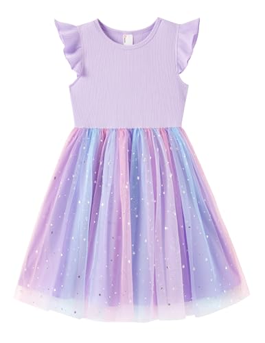 PATPAT Girls Tulle Dress Tutu Party Birthday Poster Formal Fancy Flower Princess Dresses Purple Rainbow 5-6 Years