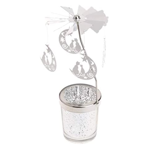 Baiyao Rotary Spinning Carousel Candle Holder Silver Metal Tea Light Holder Glass Star Cup Rotating Metal Candlestick for Christmas/Wedding/Home Decor Cover