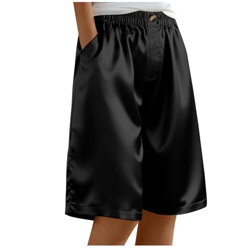 Satin Silk Bermuda Shorts for Women Elastic Waist Wide Leg Loose Dressy Knee Length...