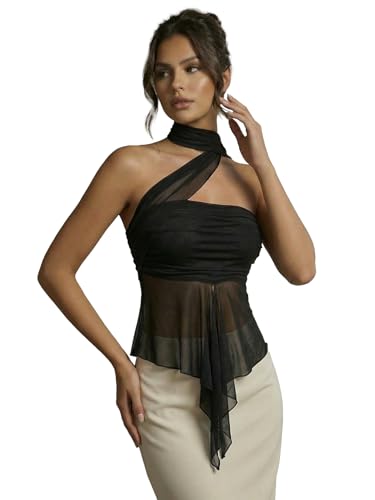 OYOANGLE Women's Sheer Ruffle Trim Halter Going Out Tops