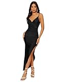 SheIn Damen Rückenfrei Maxikleid Spaghettiträger Partykleid Wickelnkleid Figurbetontes Ärmelloses Enger Kleid mit Schlitz Schwarz M