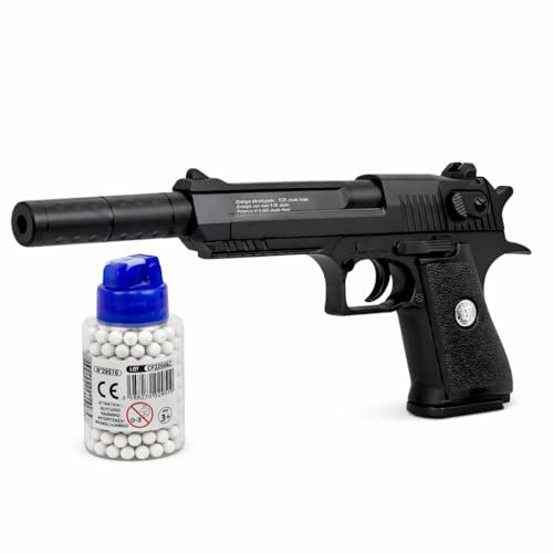 Pistolet à Billes 23,5 cm avec Silencieux Amovible – Réplique Réaliste – +18 Ans – Inclus 400 Billes 6 mm et Biberon Distributeur – Jeu de Tir sur Cible