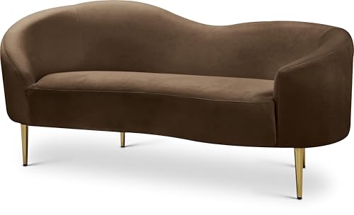 Meridian Furniture 659Brown-L Ritz Collection Modern | Contemporary Upholstered Loveseat with Rich Brown Velvet, Gold Metal Legs, Curved Contemporary Design, 67" W x 31.75" D x 30.5" H, Brown