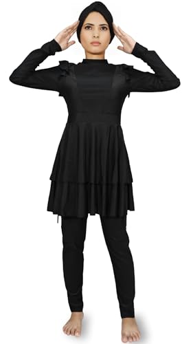 Burkini Modesto con Volantes y Falda para Cuerpo Completo (Negro, M=38)