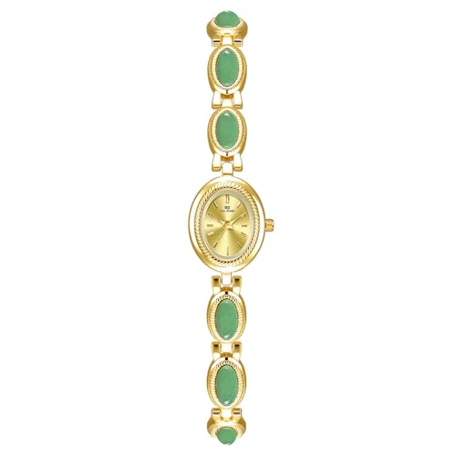 CARLIEN Montre à quartz de luxe pour femme avec perles et chiffres arabes ovales faciles à lire, étanche, élégante, B Vert Or, Mode, vintage, luxe