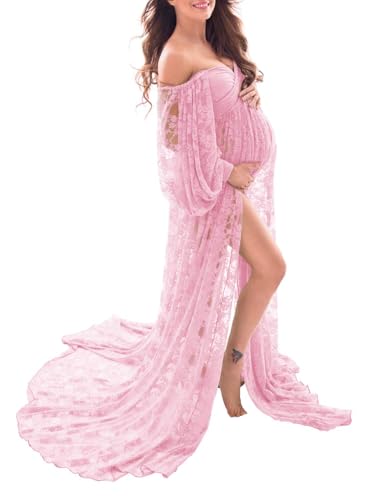 Saslax Soft Stretchy Lace Maternity Dress for Photoshoot Doubly Split A-line Skirt Off Shoulder Pregnancy Maxi Gown Pink Small