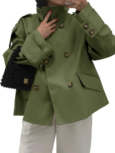 Tankaneo Womens Short Trench Coat Oversized Double Breasted Stand Collar Cropped Jacket Fall Casual Work Outerwear