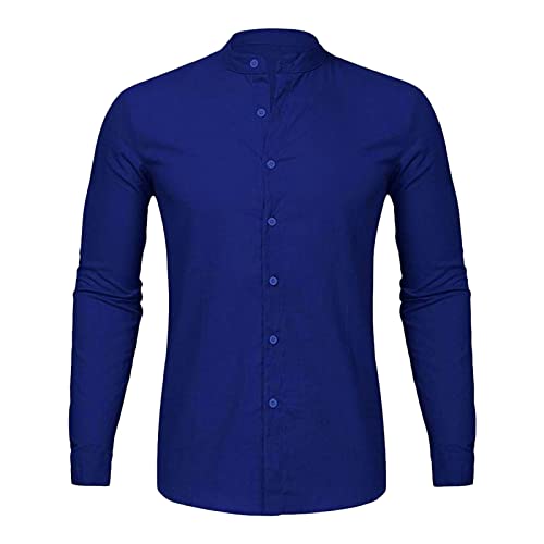 Men's Cotton Linen Long Sleeve Shirts Casual Button Down Banded Collar Yoga Shirt Dress Shirts Beach Tops (XX-Large,Blue)