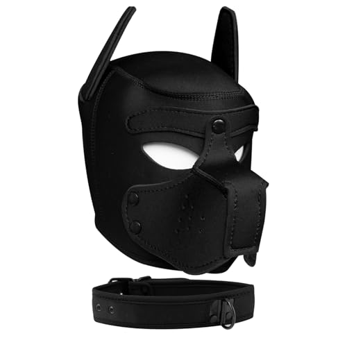 Pup Hood Neoprene Puppy Mask with Removable Muzzle and Collar Full Dog Face (9color) (Black)