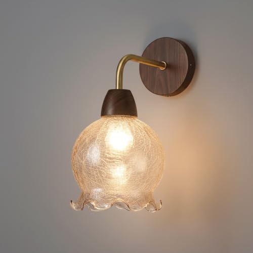 Aplique de pared vintage de madera de nogal con pantalla de cristal ámbar craquelado E27 2