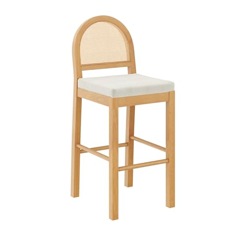 Image of Nathan James Bailey 29 in. Boucle Bar Stool with Back, Upholstered Kitchen Stool with Natural Rattan Woven Back and Solid Wood Legs, Oak Finish
