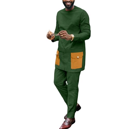 African Suit for Men Slim Fit Dashiki Outfits Shirt Pants 2 Piece Set Casual Fashion Clothing Attire