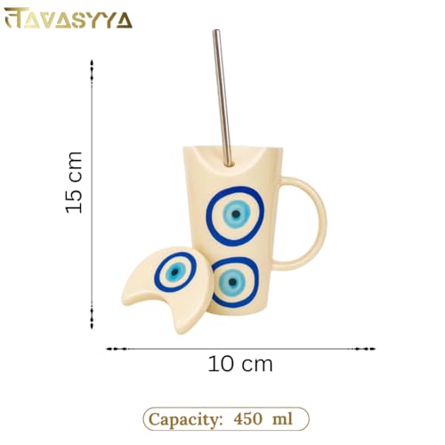 Image of Handmade Ceramic Mug, 450ml Tumbler with Lid & Straw - Cream with Blue Evil Eye Design, Cup for Hot & Cold Beverages - Coffee, Tea, Milk | Microwave & Dishwasher Safe | Perfect for Gifting