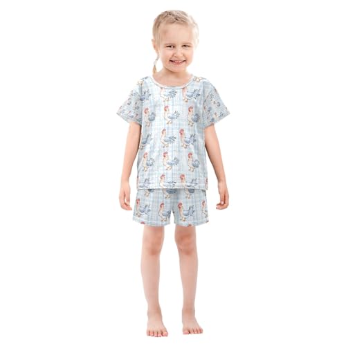 senya Blue Grid Rooster Summer Pajamas Set Short Cotton Sleepwear 2 Piece3