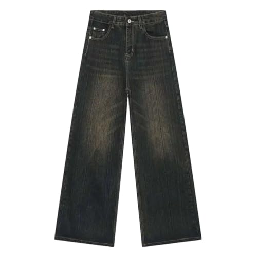 Men's Jeans Retro Washed Straight Denim Trousers Wide Leg Pants