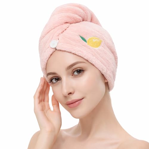 Image of RK Microfibre Hair Drying Towel Wrap, Quick Drying, Soft and Absorbent, Cute Embroidered Design, Button Closure (1)
