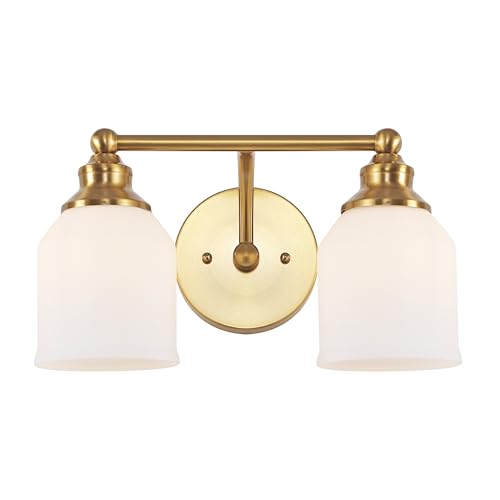 Image of JONATHAN Y 14 inch Brass Gold /White Modern Farmhouse LED Vanity Light Wall Sconce Fixture, Frosted White Glass Shade, Dimmable Wall Lamp for Bathroom Mirror Kitchen Sink, UL Listed (JYL7550B)