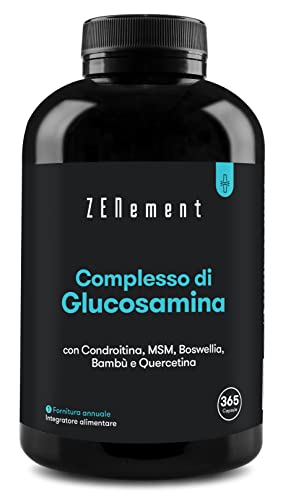 Glucosamina con Condroitina, MSM, Boswellia, Bambù e Quercetina, 365 Capsule (Fornitura per 1 Anno) | Alto Dosaggio | Glucosamina Complex Senza Glutine e Lattosio | Zenement