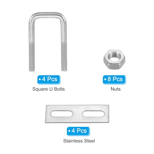 Image of PATIKIL M6x25x50mm Square U-Bolts Kit, 4Set 304 Stainless Steel Square U Shaped Bolts Replacement Parts with Frame Plates and Nuts for Ski Board Sailboat Trailer