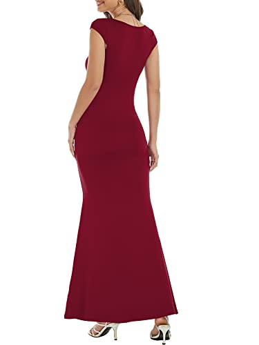 Image of Womens Summer Cap Sleeve Square Neck Elegant Casual Lounge Bodycon Slim Maxi Evening Party Long Dress