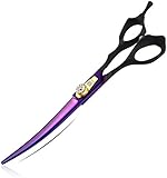 Dream Reach 7.0 inches Professional Decompressed Elastic Handle Pet Grooming Scissors Set,Straight & Chunker & 2 Curved Scissors 4pcs Set for Dog Grooming (Purple) (Up-Curved Scissor)