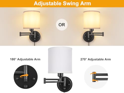 Image of Plug in Wall Sconces with Remote Control, Dimming 10%-100% & Adjustable Colors 2700K-6500K, Hardwire or Plug-in, Swing Arm Wall Lamp with White Fabric Shade, Wall Sconces Set of Two, Black Finish