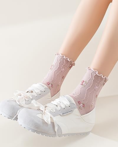 Image of Womens Ruffle Crew Socks Vintage Patterned Ankle Casual Fashion Dress Sock Cute Lettuce Floral Socks 5 /6 Pack