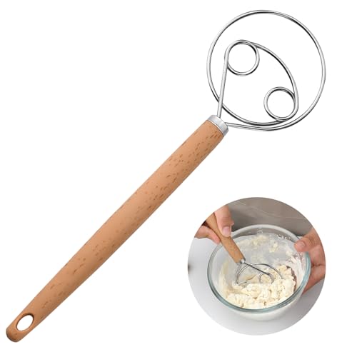 Danish Dough Whisk Danish Dough Whisk 10-Inch Dutch Whisk Egg Beater With Plastic Handle Mixer Stainless Steel Double Holes For Bread Dough Pastry or Pizza Dough