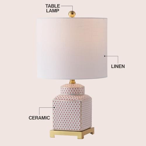 Image of JONATHAN Y Cleo 21.5 inch Red & White Ceramic Table Lamp with Brass Base